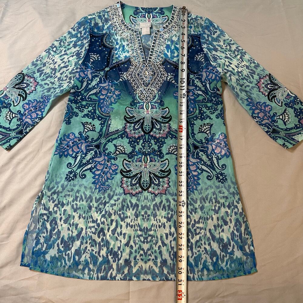 Chico's Blue Bedazzled, Funky Printed, Quarter Sleeve, Long Blouse- 00(0/2) - Picture 7 of 8